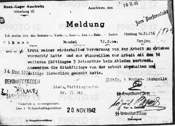 Punishment Order For An Internee In The Auschwitz Camp.