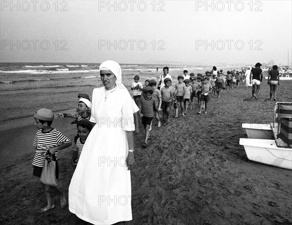 Children summer camp on the beach, riccione, italy 70's