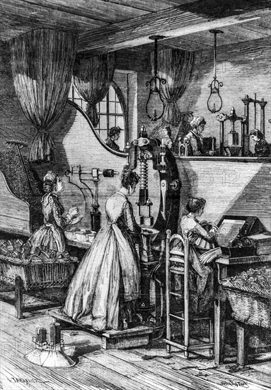 Tobacco manufacturing of paris, engraving by a.jahandier