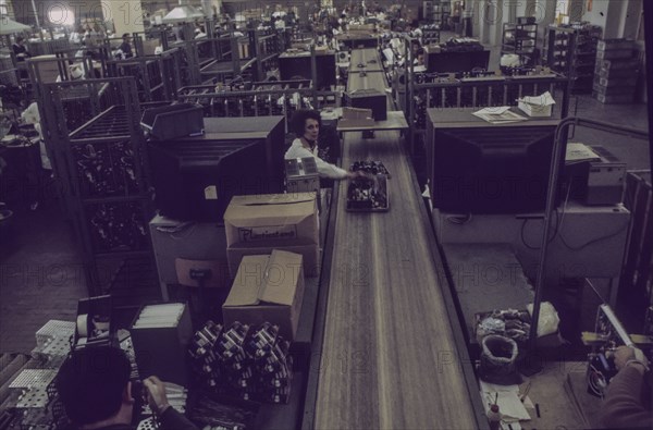 Assembly line in a electronics industry, 70's