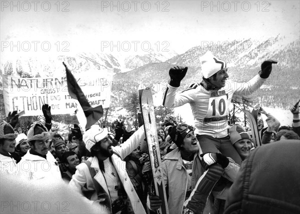 Gustav thoeni, piero gros and helmuth schmalzl, ski worldwide championship, st.moritz, 1974