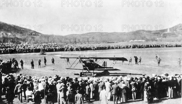 Arturo ferrarin ariives at tsing-tao at the end of air cruise rome-tokyo, 1920