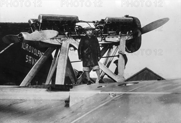 Aviator De Pinedo on his seaplane s55 baptized Santa Maria departing for cruising the Atlantic, 1927