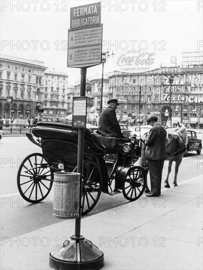 Carriage in Piazza del Duomo, Milan, Italy. 1966