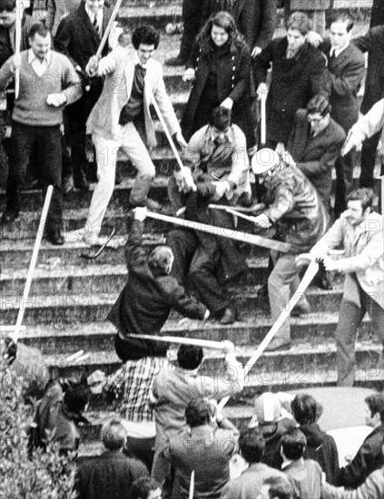 Clashes between students of opposing factions outside the University, Rome, 1966