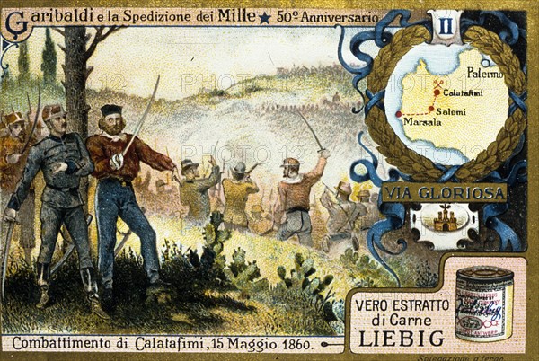 Garibaldi and shipment of a thousand, 50th anniversary, fighting Catalafimi, 1860, liebig figurine, 1910