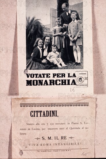 Umberto di savoia, maria jose and the princes in the gardens of the quirinale, manifesto 'voted for the monarchy', image by federico patellani, 1946