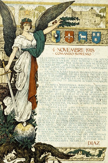 4 Novembre 1918, comando supremo bollettino della vittoria, official document with which the general armando diaz announced, November 4, 1918, the surrender of the Austro-Hungarian Empire and the victory of Italy in the First World War