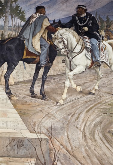 The meeting between giuseppe garibaldi and vittorio emanuele II, fresco by pietro aldi, 1886, hall of the siena public palace