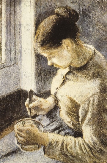 Peasant woman drinking coffee, camille pissarro, 1881