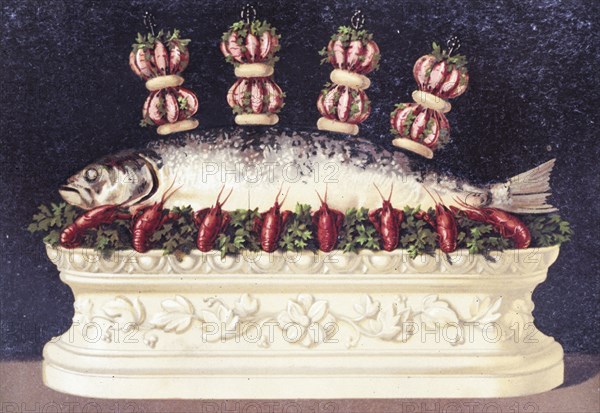 Illustration painted by marcel ronjat for the cookbook le livre de cuisine by the chef jules gouffe, 1867