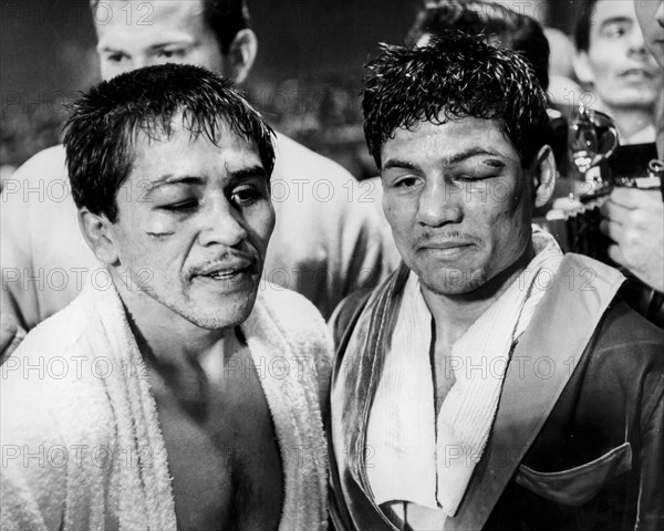 The boxers vicente saldivar and raul rojas after a match, los angeles 1965