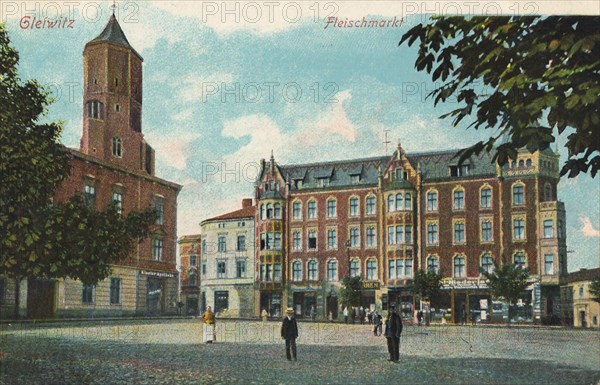 Meat Market, Gliwice, German Gleiwitz, Upper Silesian county free city in the Polish Voivodeship Silesia, Poland, formerly Germany, view from ca 1910, digital reproduction of a public domain postcard.