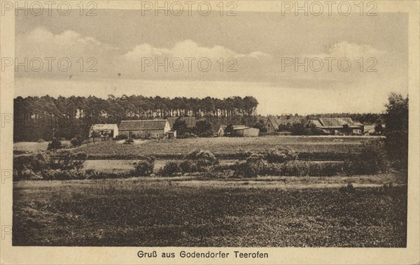 Godendorf tar kiln, plant for the production of wood tar and wood vinegar, Mecklenburg Lake District, Mecklenburg-Western Pomerania, Germany, view from c. 1910, digital reproduction of a public domain postcard.