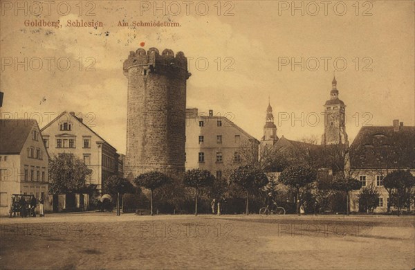 Forge tower in Goldberg, Silesia, Germany, today Zlotoryja, Lower Silesian Voivodeship, Poland, view from ca 1910, digital reproduction of a public domain postcard.