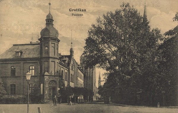Post office in Grottkau, Prussian county in Upper Silesia, today in the Polish Voivodeship of Opole, Germany, Poland, view from ca 1910, digital reproduction of a public domain postcard.
