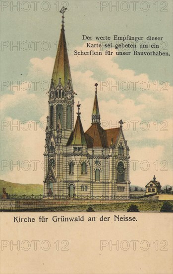 Church for Grünwald an der Neisse, Germany, Mseno nad Nisou is today a district of the town of Jablonec nad Nisou in the Czech Republic, view from ca 1910, digital reproduction of a public domain postcard.