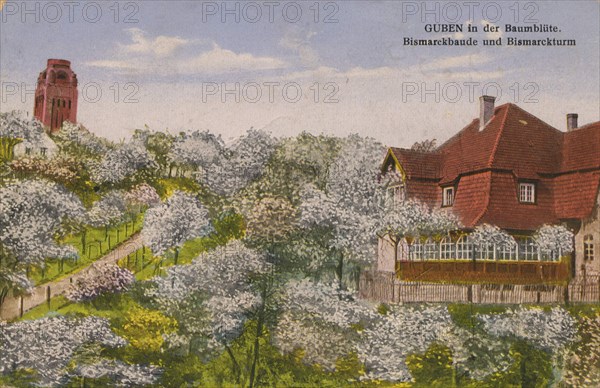 Bismarck building and Bismarck tower in Guben during tree blossom, in the district of Spree-Neiße in Lower Lusatia, Brandenburg, Germany, view from ca 1910, digital reproduction of a public domain postcard.
