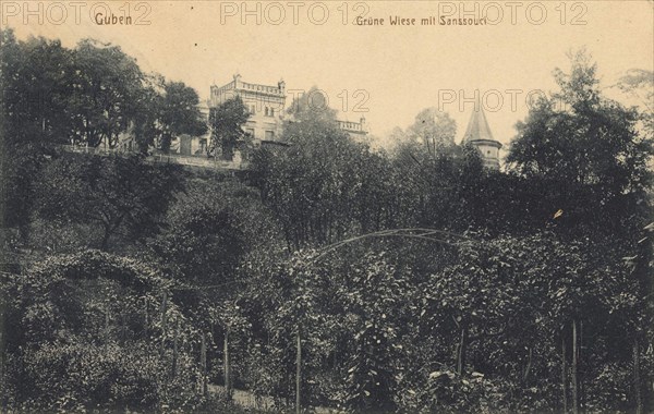 Meadow with Sanssouci, Guben, in the district of Spree-Neiße in Lower Lusatia, Brandenburg, Germany, view from about 1910, digital reproduction of a public domain postcard.