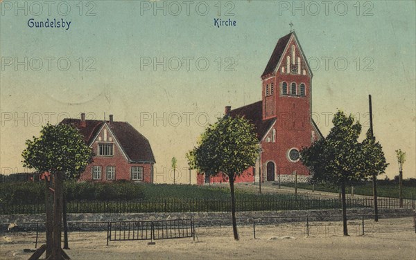 Church of Gundelsby, near Hasselberg, Hasselbjerg, also Hesselbjerg, a municipality in the district of Schleswig-Flensburg in Schleswig-Holstein, Germany, view from ca 1910, digital reproduction of a public domain postcard.