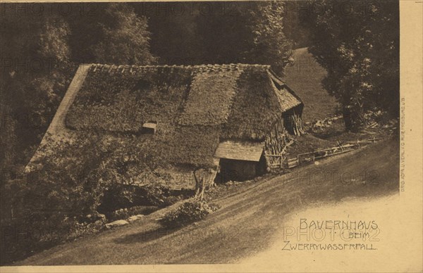 Farmhouse near the Zwerry waterfall, Zweribach waterfalls are located 20 kilometers east of Freiburg in a part of the Upper Black Forest, Baden-Württemberg, Germany, view from c. 1910, digital reproduction of a public domain postcard.