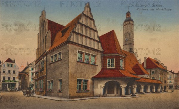 Town hall of Löwenberg in Silesia, today Lwowek Slaski, town of the Lower Silesian Voivodeship in Poland, view from ca 1910, digital reproduction of a public domain postcard.
