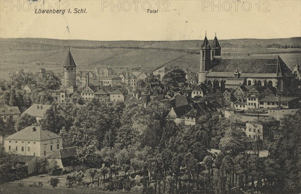 Löwernberg in Silesia, today Lwowek Slaski, town of the Lower Silesian Voivodeship in Poland, view from ca 1910, digital reproduction of a public domain postcard.