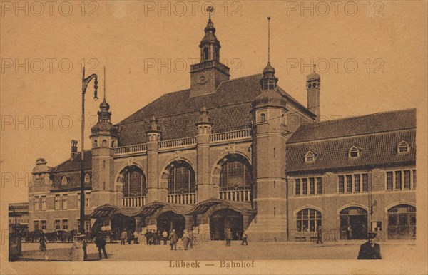 Railroad station Lübeck, Schleswig-Holstein, Germany, view from ca 1910, digital reproduction of a public domain postcard.