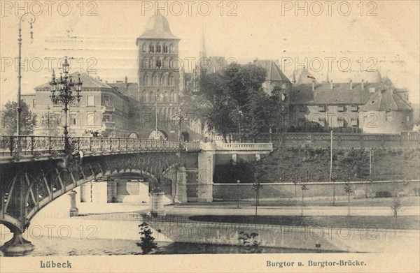 Castle gate of Lübeck, Schleswig-Holstein, Germany, view from ca 1910, digital reproduction of a public domain postcard.