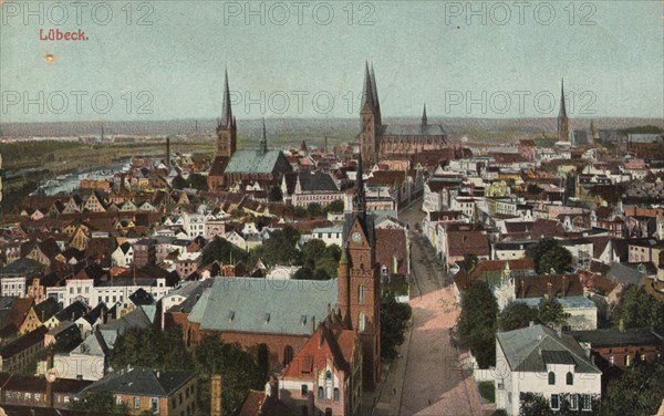 Lübeck, Schleswig-Holstein, Germany, view from c. 1910, digital reproduction of a public domain postcard.