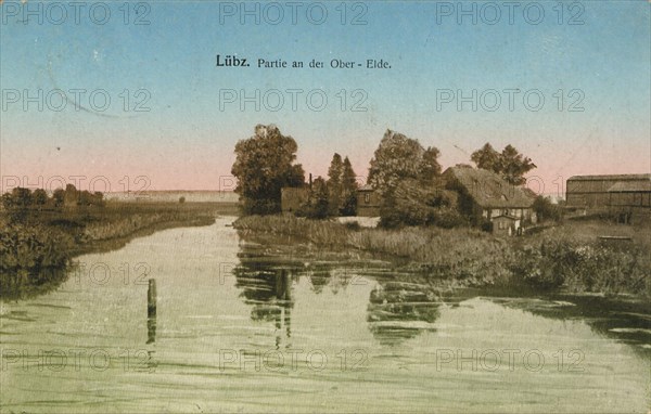Lübz an der Oder, small town in Ludwigslust-Parchim county in Mecklenburg-Vorpommern, Germany, view from c. 1910, digital reproduction of a public domain postcard.