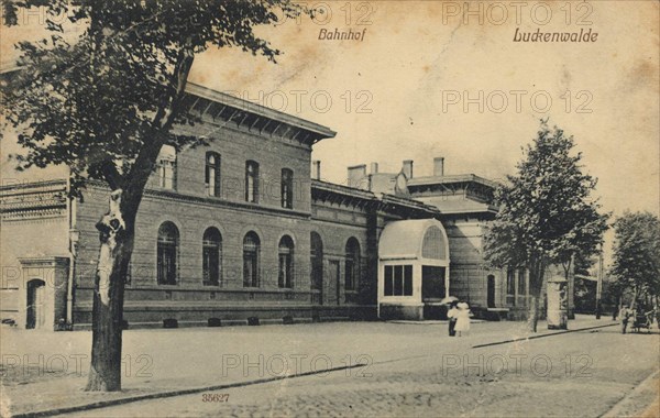 Luckenwalde railroad station, district town of Teltow-Fläming county in Brandenburg, Germany, view from c. 1910, digital reproduction of a public domain postcard.