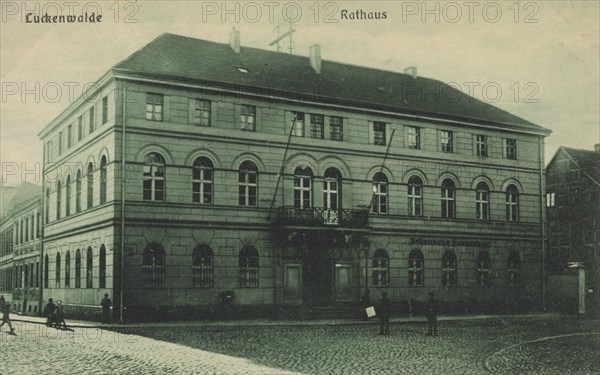 Town hall of Luckenwalde, district town of the county Teltow-Fläming in Brandenburg, view from ca 1910, digital reproduction of a public domain postcard.