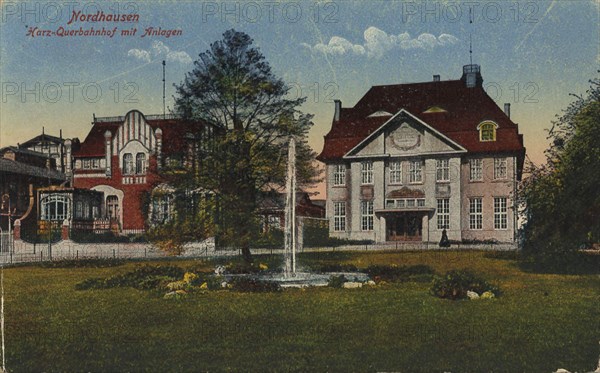 Railroad station of Nordhausen, Thuringia, Germany, view from ca 1910, digital reproduction of a public domain postcard.