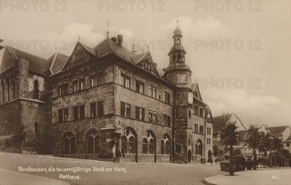 Town hall of Nordhausen, Thuringia, Germany, view from ca 1910, digital reproduction of a public domain postcard.