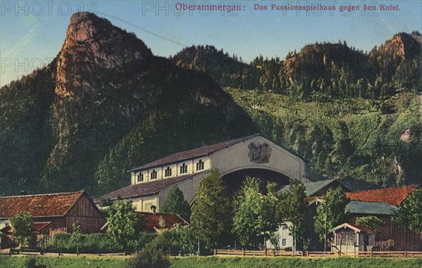 Passion Playhouse in Oberammergau, district of Garmisch-Partenkirchen, Upper Bavaria, Germany, view from ca 1910, digital reproduction of a public domain postcard.