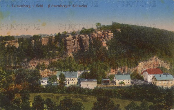 Löwenberg in Löwenberger Schweiz, Lwówek Slaski is a town in the Lower Silesian Voivodeship in Poland, view from ca 1910, digital reproduction of a public domain postcard.