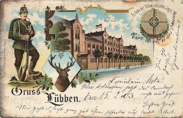 Lübben, Jägerkaserne, district of Dahme-Spreewald in the Lower Lusatia region of Brandenburg, Germany, view from ca 1910, digital reproduction of a public domain postcard.
