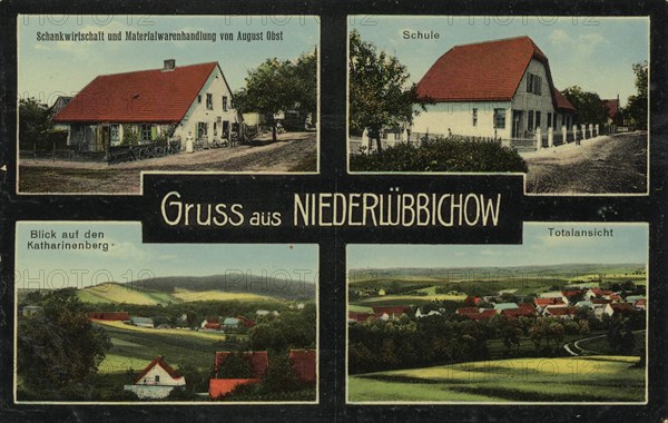 Niederlübbichow near Cedynia, German Zehden, Powiat Greifenhagen, Voivodeship West Pomerania, Poland, view from c. 1910, digital reproduction of a public domain postcard.