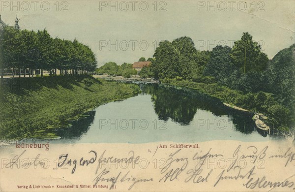 Am Schifferwall in Lüneburg, Lower Saxony, Germany, view from ca 1910, digital reproduction of a public domain postcard.