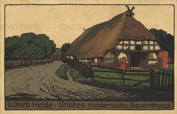 Old Lower Saxony farmhouse in the Lüneburg Heath, Lower Saxony, Germany, view from ca 1910, digital reproduction of a public domain postcard.