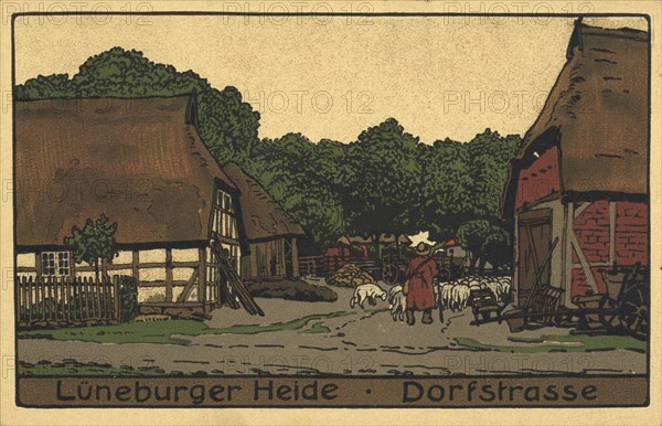 Village street in the Lüneburg Heath, Lower Saxony, Germany, view from ca 1910, digital reproduction of a public domain postcard.