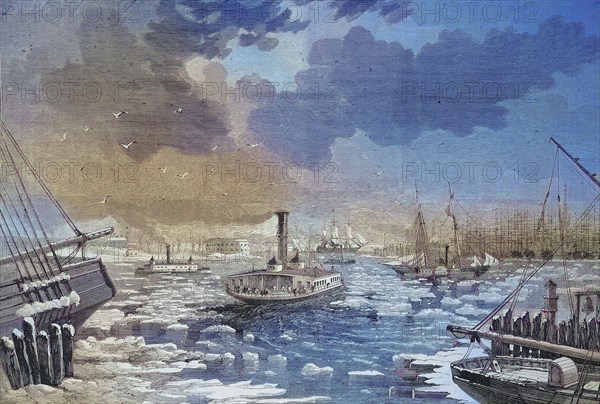 Pack ice impedes shipping traffic in New York harbor in 1869