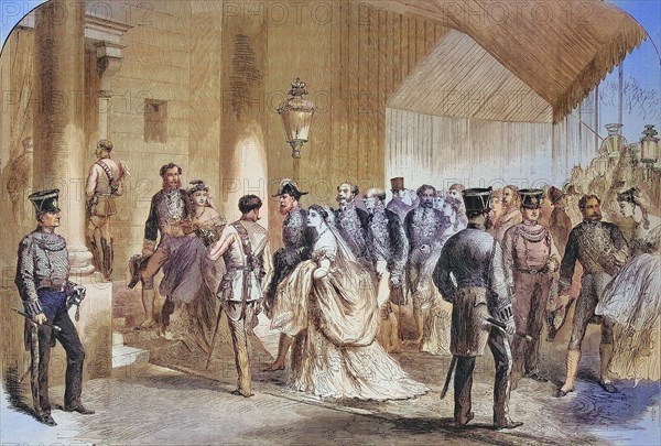 Members of the English aristocracy bidding farewell to Their British Majesties before their departure for the Continent