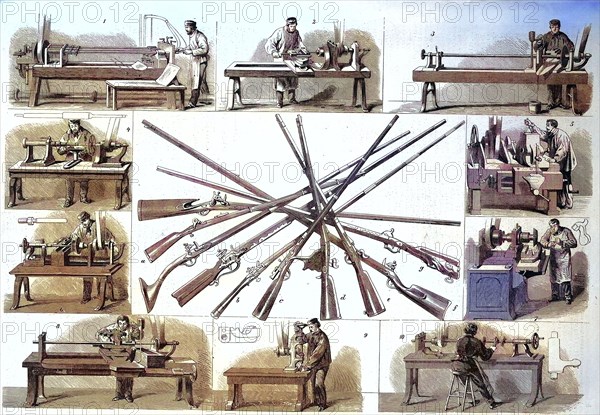1869, gun making, gun industry, gunsmith, Dreisse gun factory in Liege, Liège, Belgium, Historical, digitally restored reproduction of an original artwork from the 19th century, exact original date unknown.
