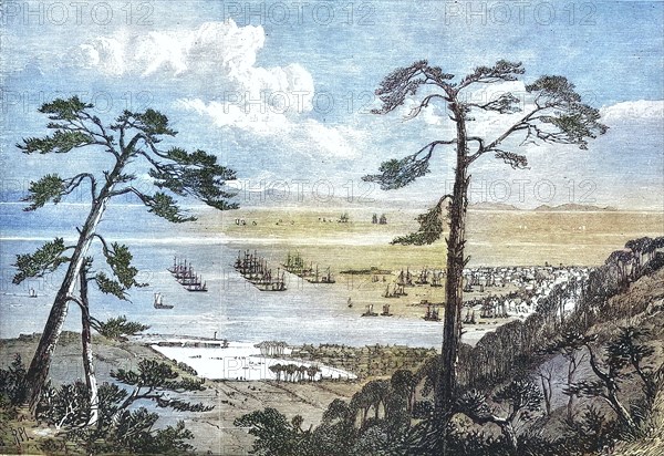 Hiogo harbor with the British and American fleets at anchor