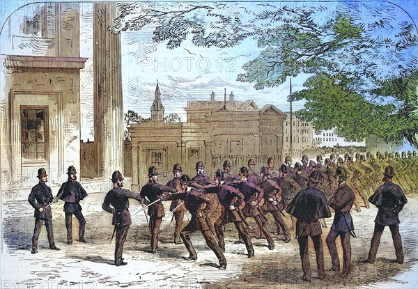 Uprising of 1867 by the Irish Republican Brotherhood. London police officers practice using saber