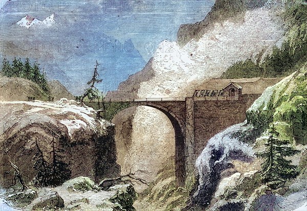 an arch bridge on the road over the San Bernardino Pass in the Alps