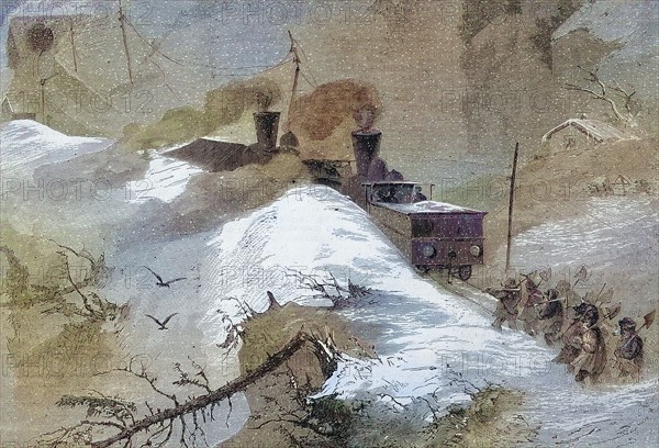 a crashed train in the middle of the snow on the railroad line over the Brenner Pass