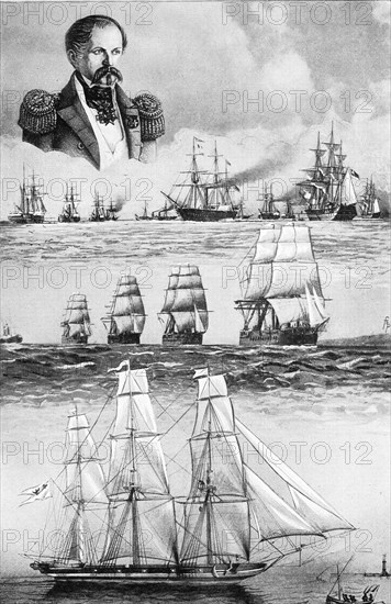 Admiral Brommy and the German fleet of 1848. Below the first Prussian warship